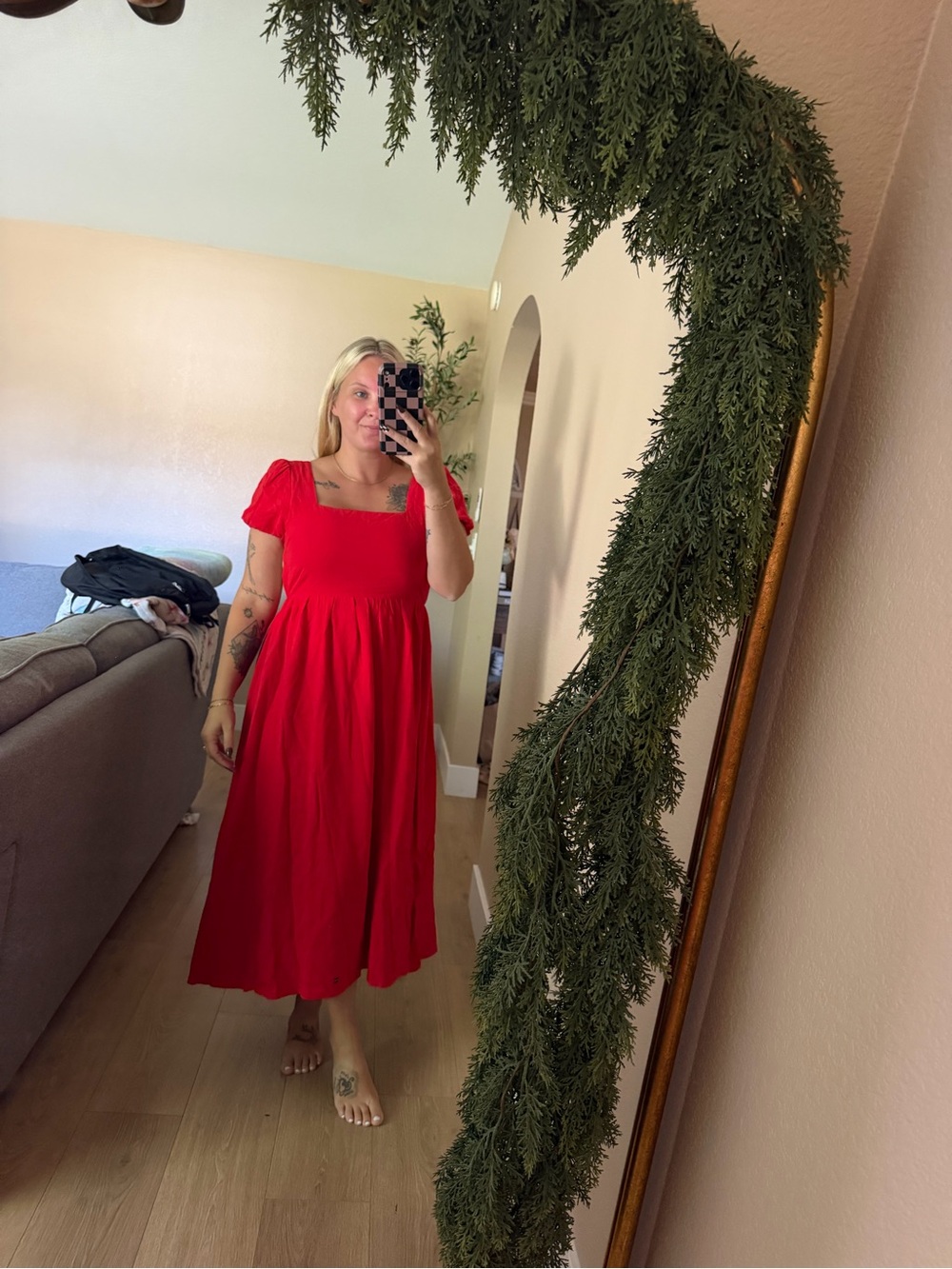 Bold Red Midi Dress with Square Neck and Puff Sleeves